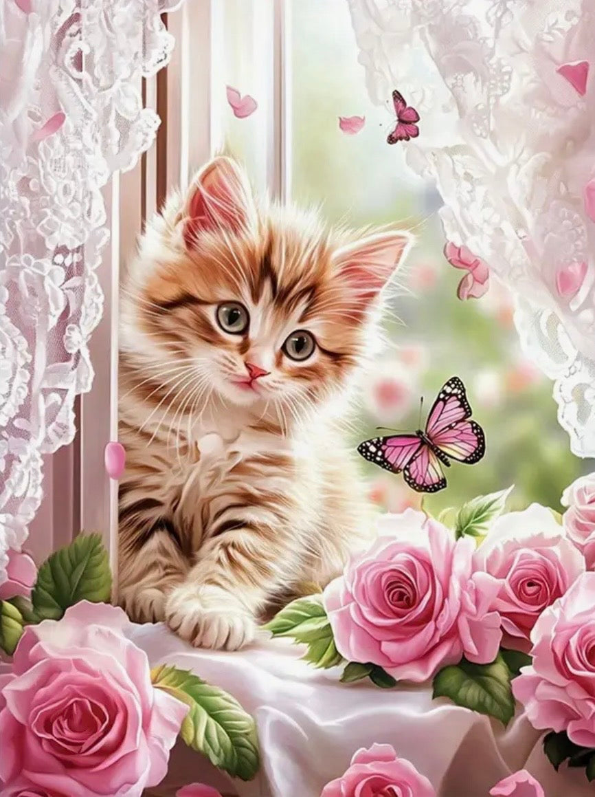 30x40cm Kitten & Rose Diamond Art Painting Kit
