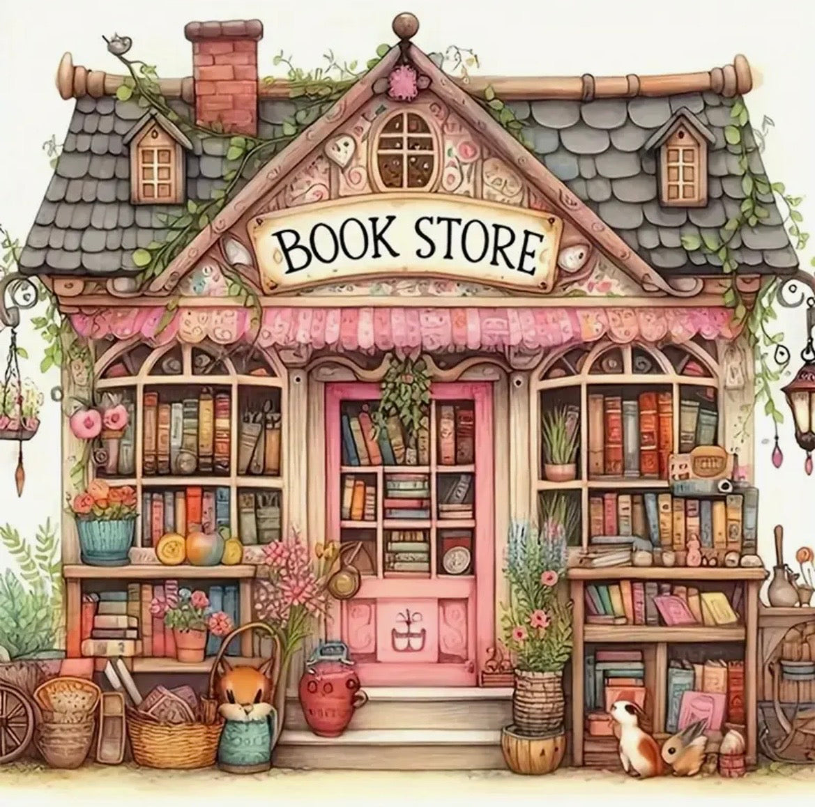 20x20cm Pink Book Store Diamond Art Painting Kit