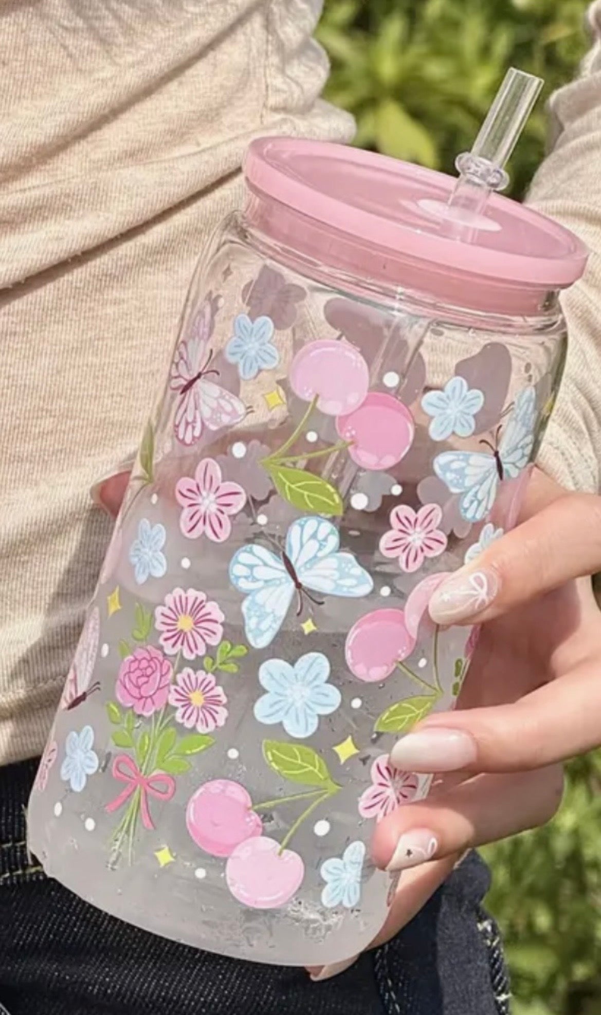 16oz Floral Cherry Butterfly Print Plastic Cold Drinking Cup