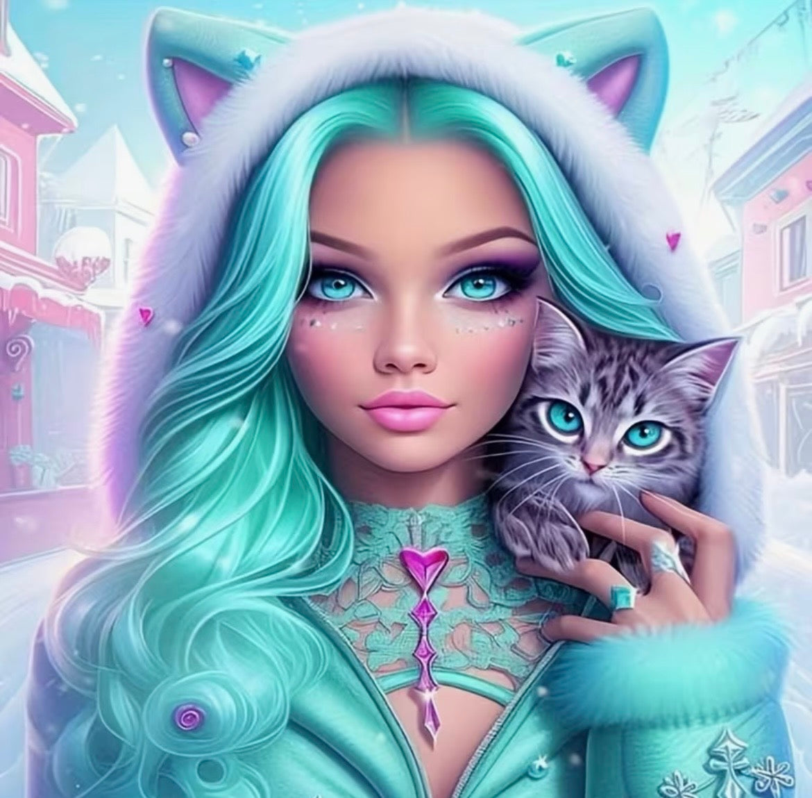 30x30cm Pretty Teal Fantasy Girl & Her Cat Diamond Art Painting Kit