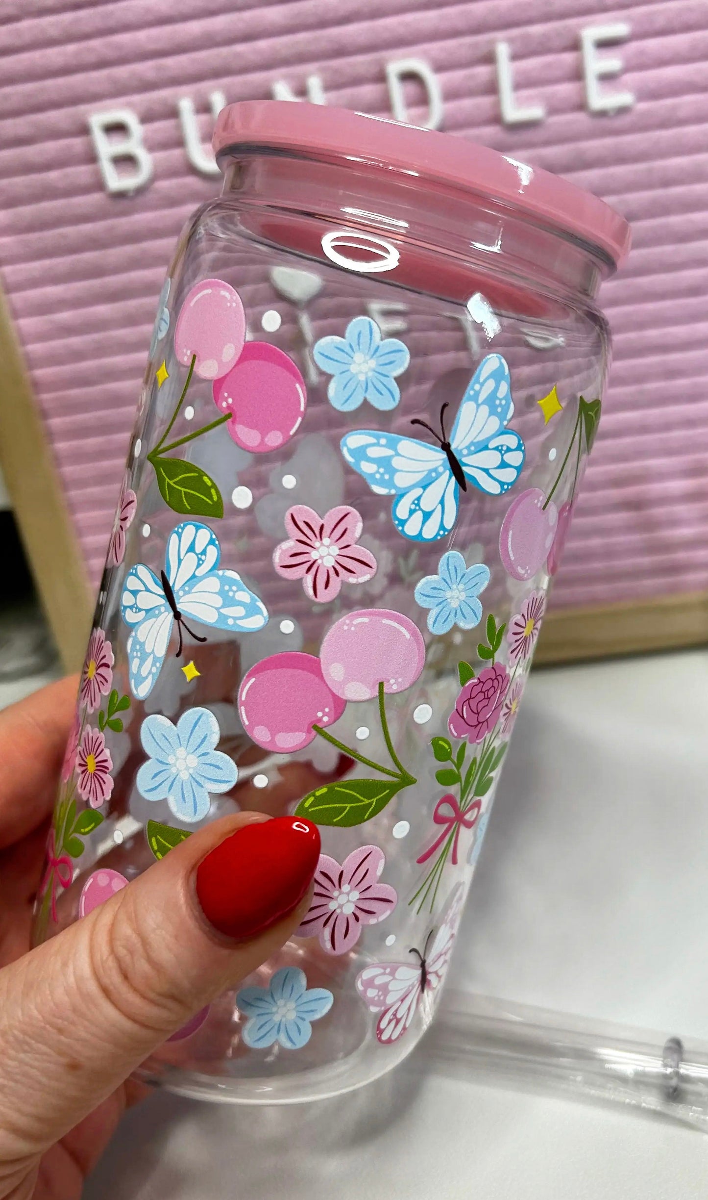 16oz Floral Cherry Butterfly Print Plastic Cold Drinking Cup