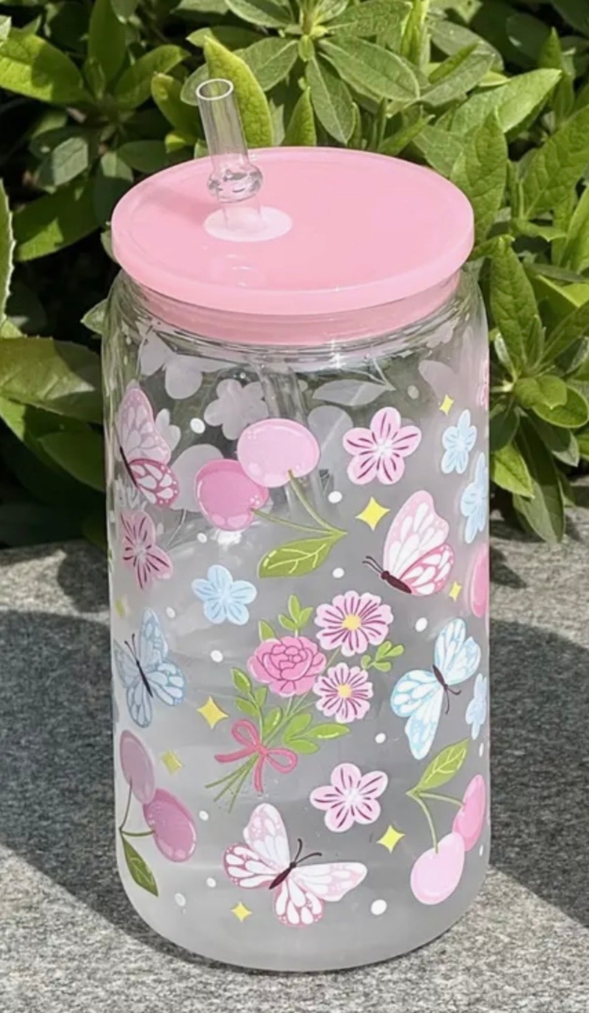 16oz Floral Cherry Butterfly Print Plastic Cold Drinking Cup