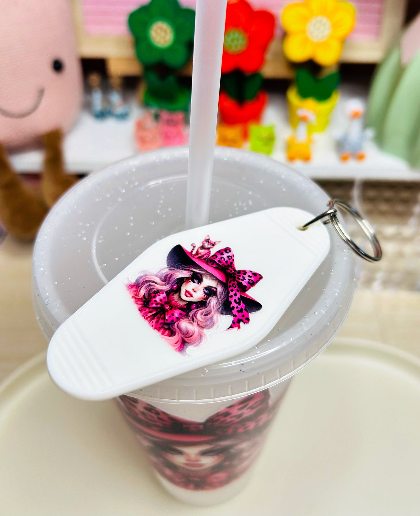 Pink Witch 24oz Glitter Cold Cup & Motel Keychain Handmade