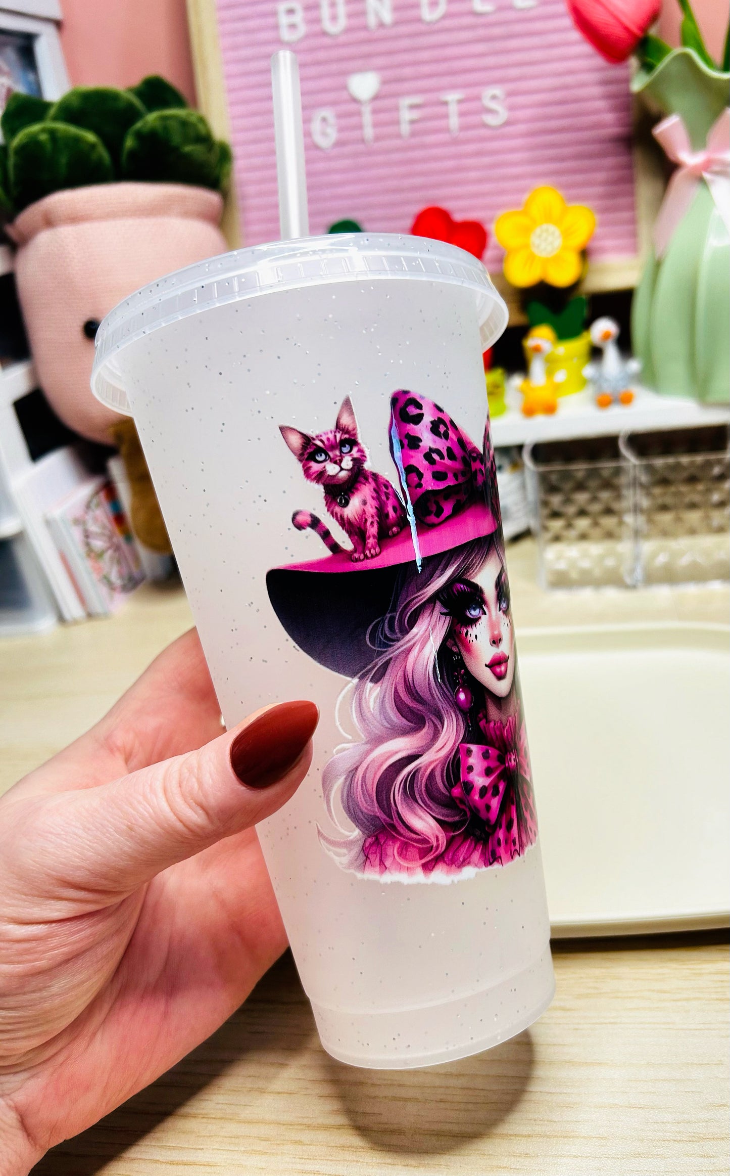 Pink Witch 24oz Glitter Cold Cup & Motel Keychain Handmade