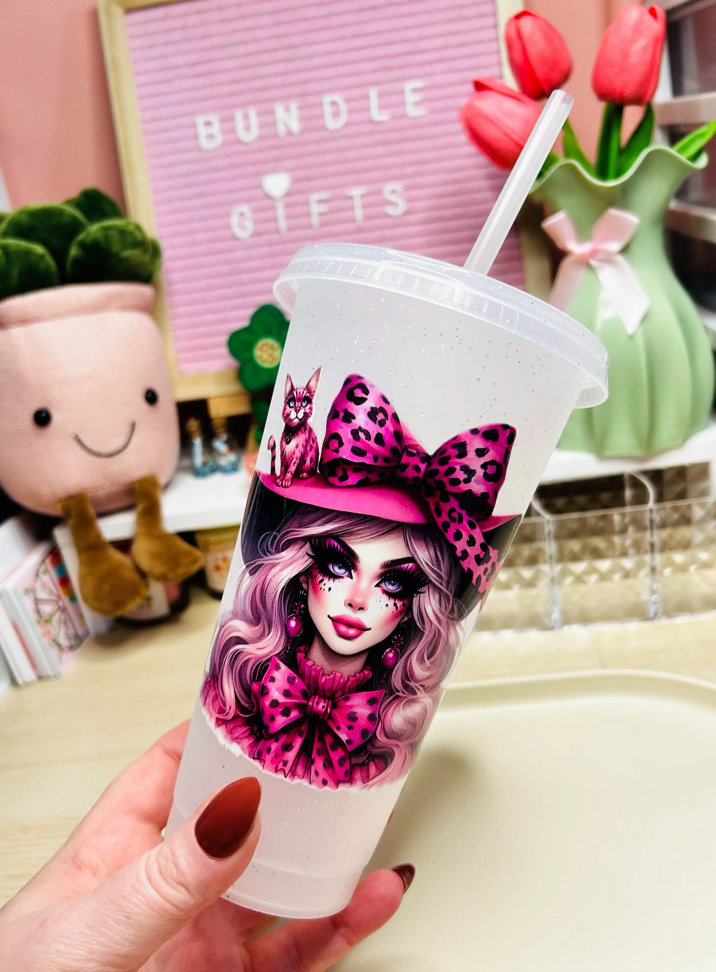 Pink Witch 24oz Glitter Cold Cup & Motel Keychain Handmade