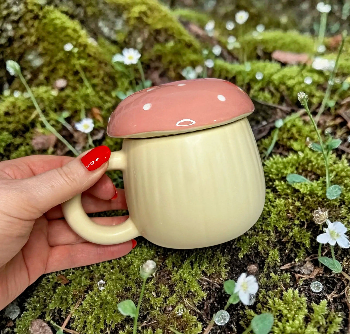 Pink Mushroom Lidded Ceramic Mug