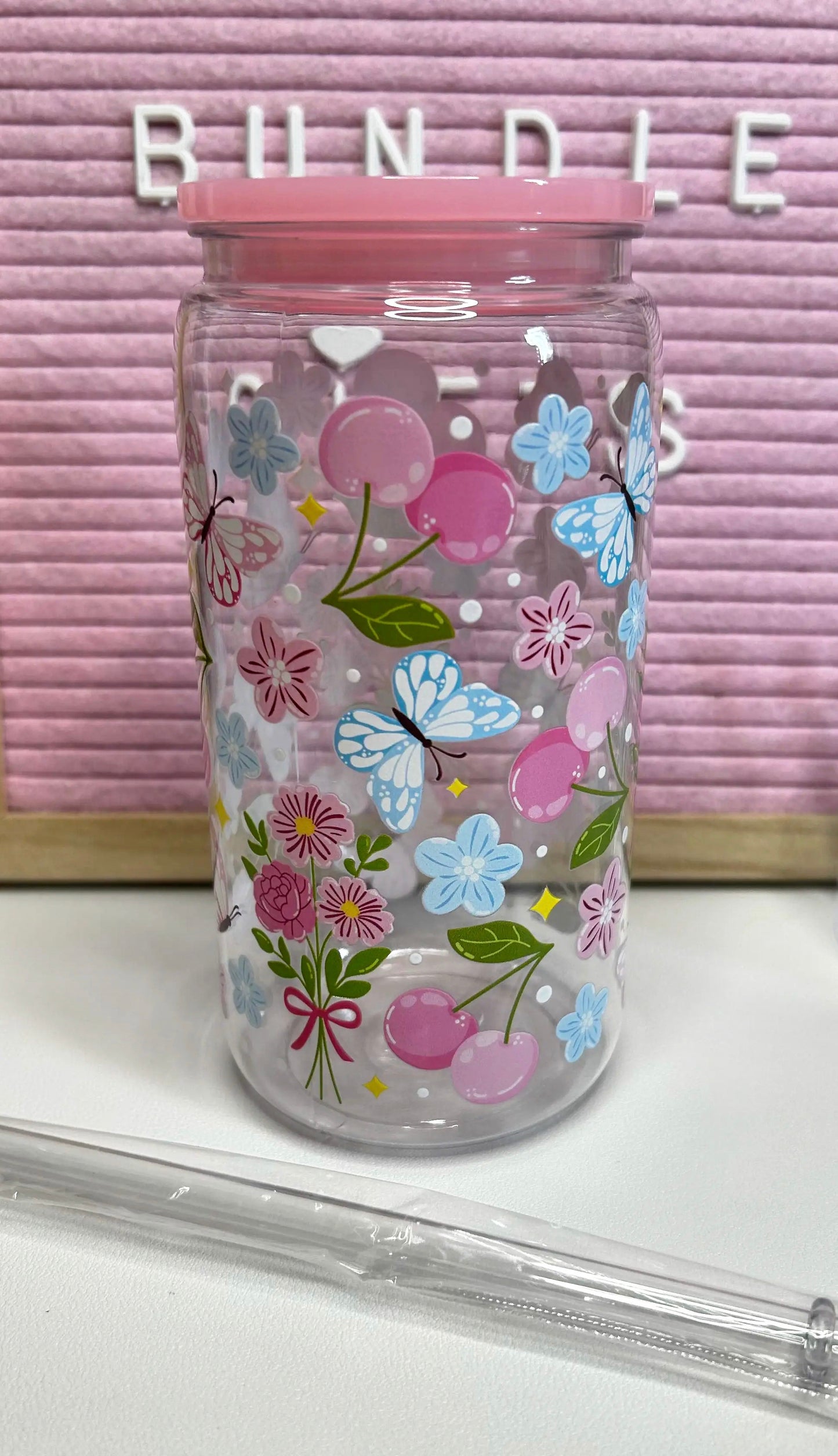 16oz Floral Cherry Butterfly Print Plastic Cold Drinking Cup