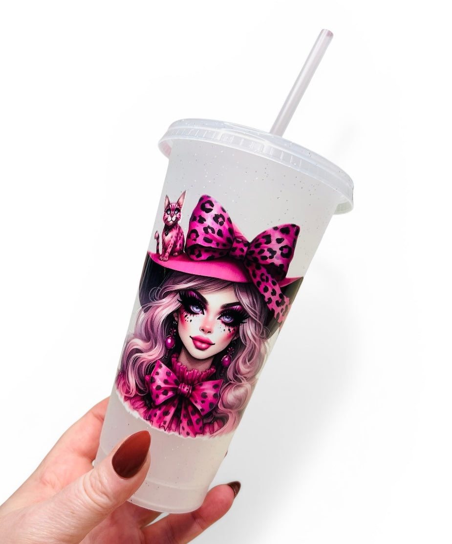Pink Witch 24oz Glitter Cold Cup & Motel Keychain Handmade