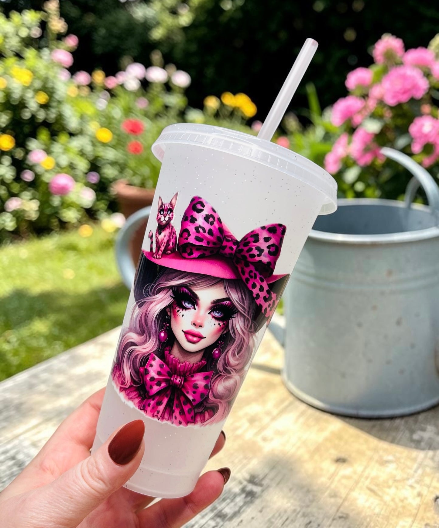 Pink Witch 24oz Glitter Cold Cup & Motel Keychain Handmade