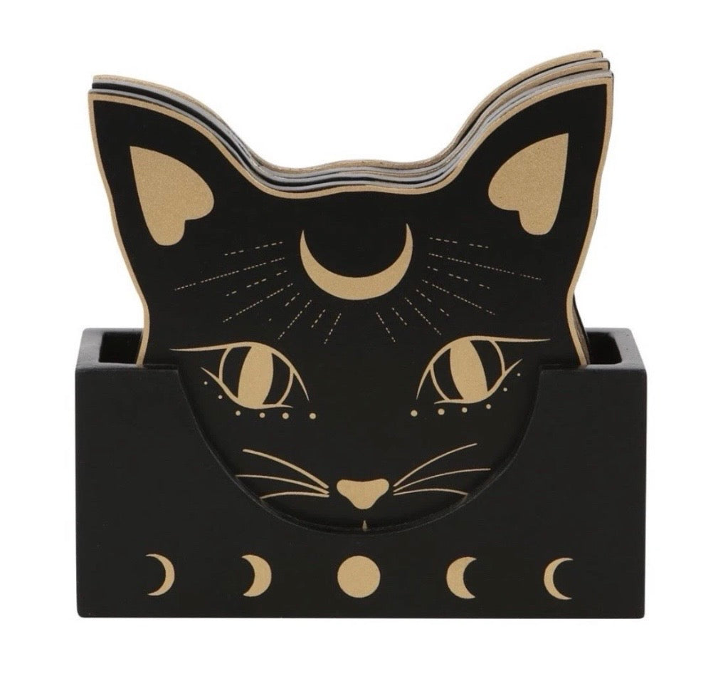 Set of 4 Mystic Mog Coasters with Holder