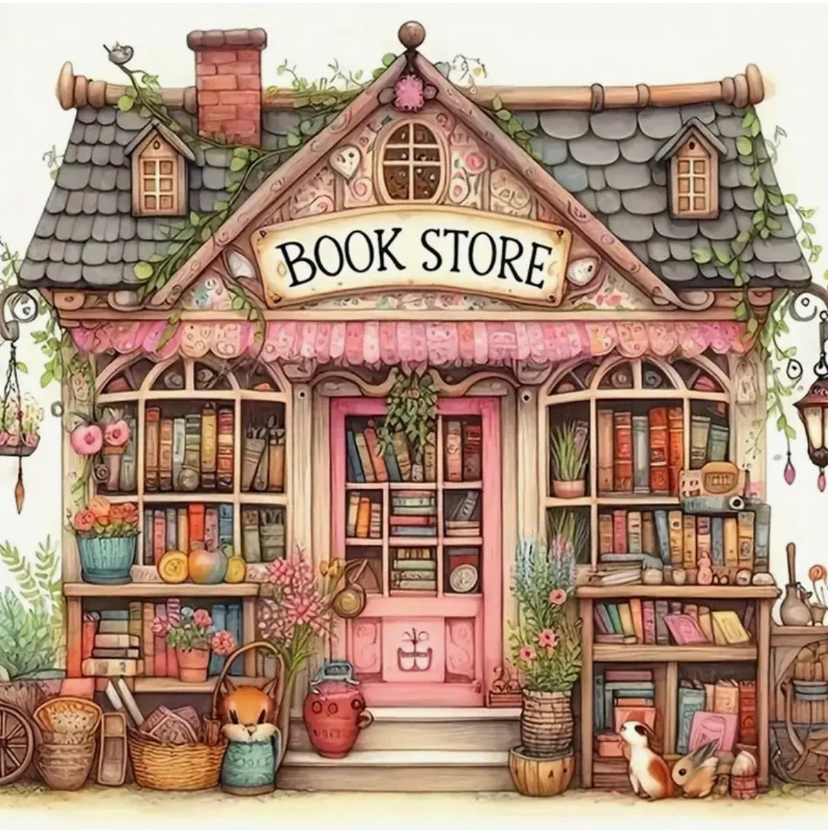 20x20cm Pink Book Store Diamond Art Painting Kit