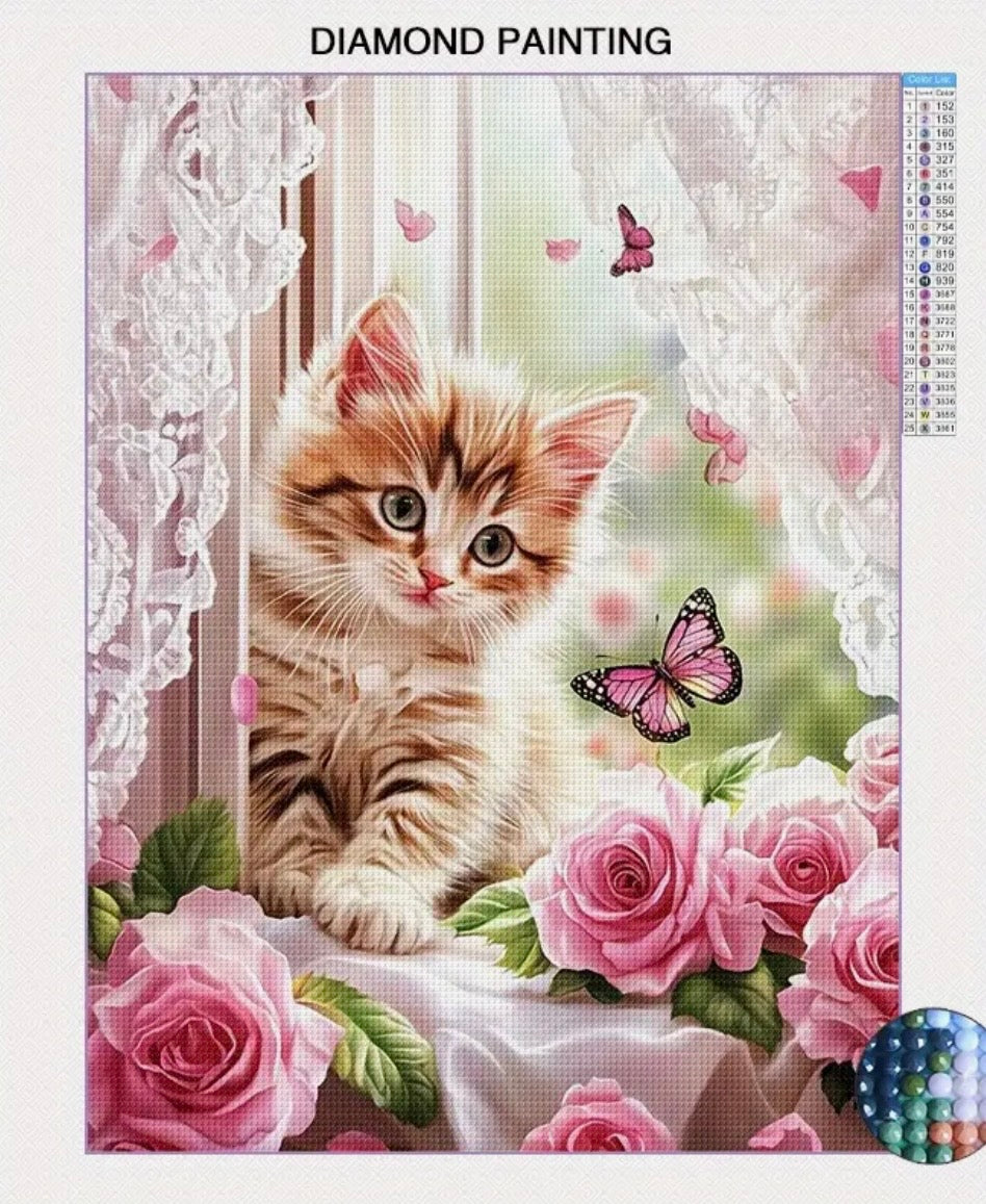 30x40cm Kitten & Rose Diamond Art Painting Kit