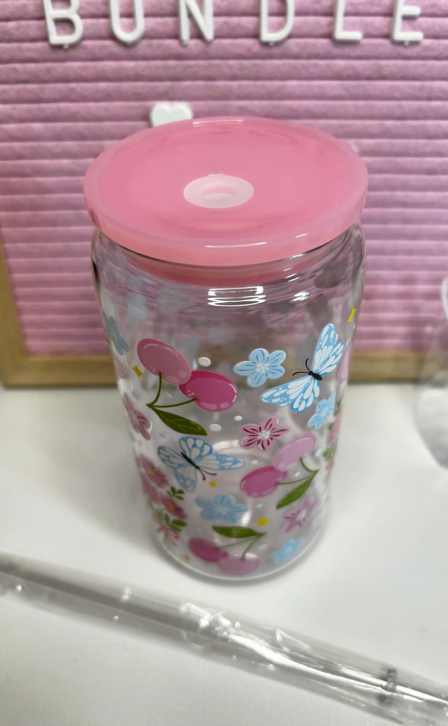 16oz Floral Cherry Butterfly Print Plastic Cold Drinking Cup