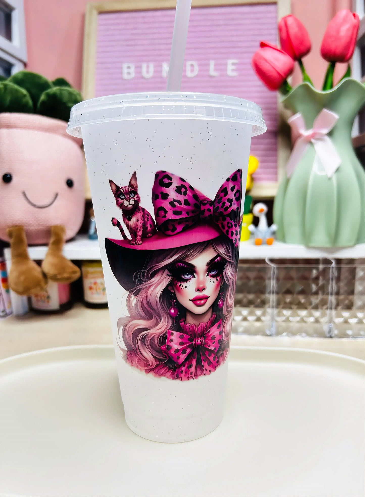 Pink Witch 24oz Glitter Cold Cup & Motel Keychain Handmade