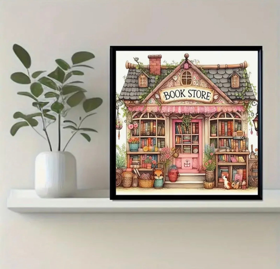 20x20cm Pink Book Store Diamond Art Painting Kit