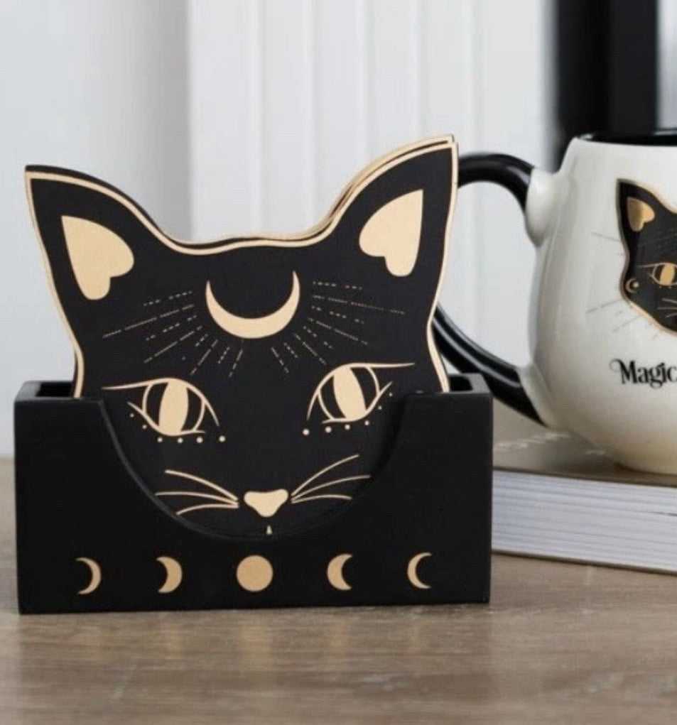 Set of 4 Mystic Mog Coasters with Holder