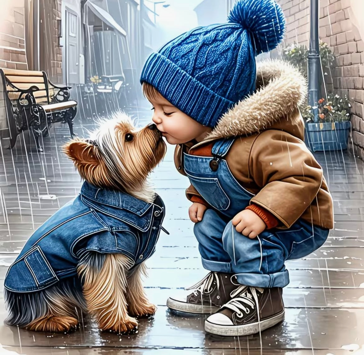40x40cm Boy & Puppy in Rain Diamond Art Painting Kit