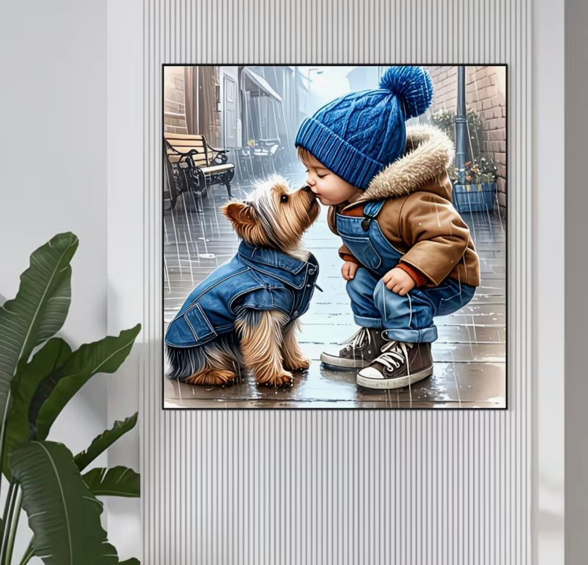 40x40cm Boy & Puppy in Rain Diamond Art Painting Kit