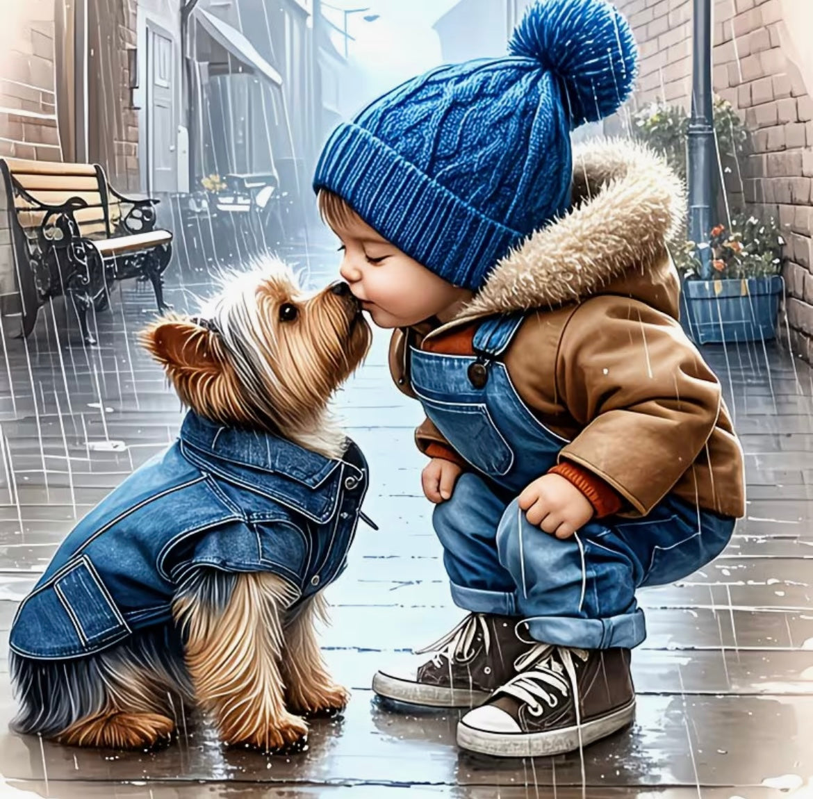40x40cm Boy & Puppy in Rain Diamond Art Painting Kit