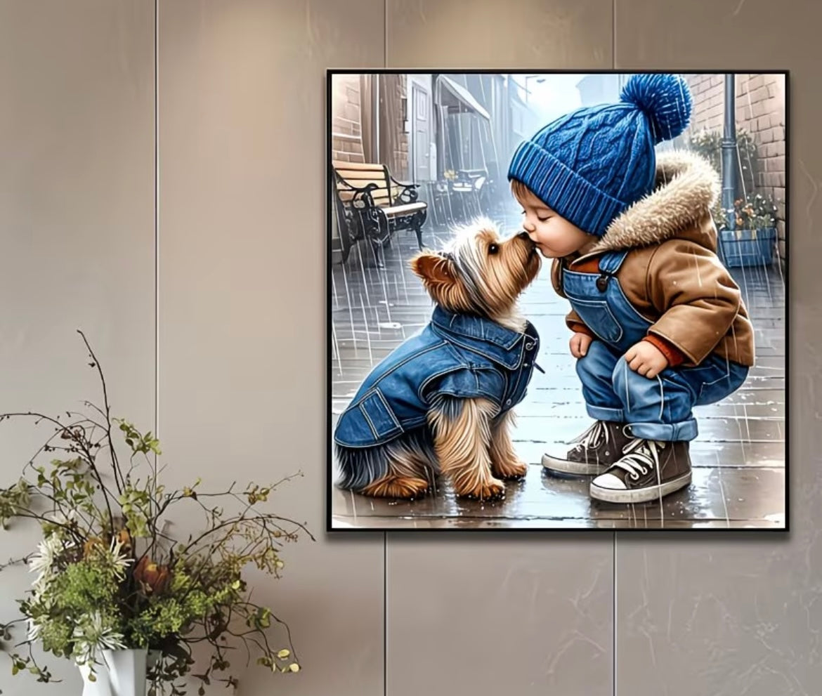 40x40cm Boy & Puppy in Rain Diamond Art Painting Kit