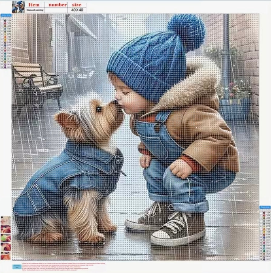 40x40cm Boy & Puppy in Rain Diamond Art Painting Kit