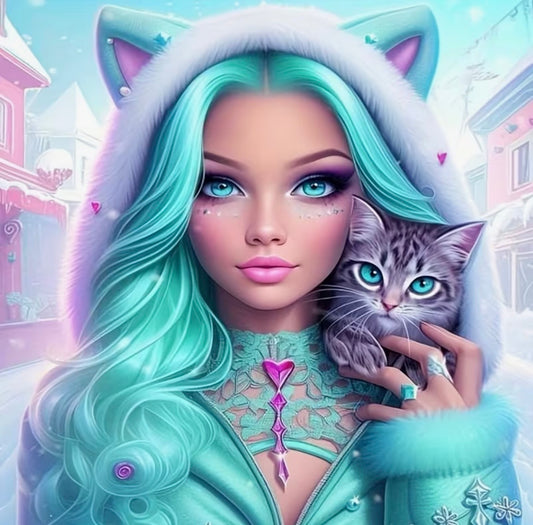 30x30cm Pretty Teal Fantasy Girl & Her Cat Diamond Art Painting Kit
