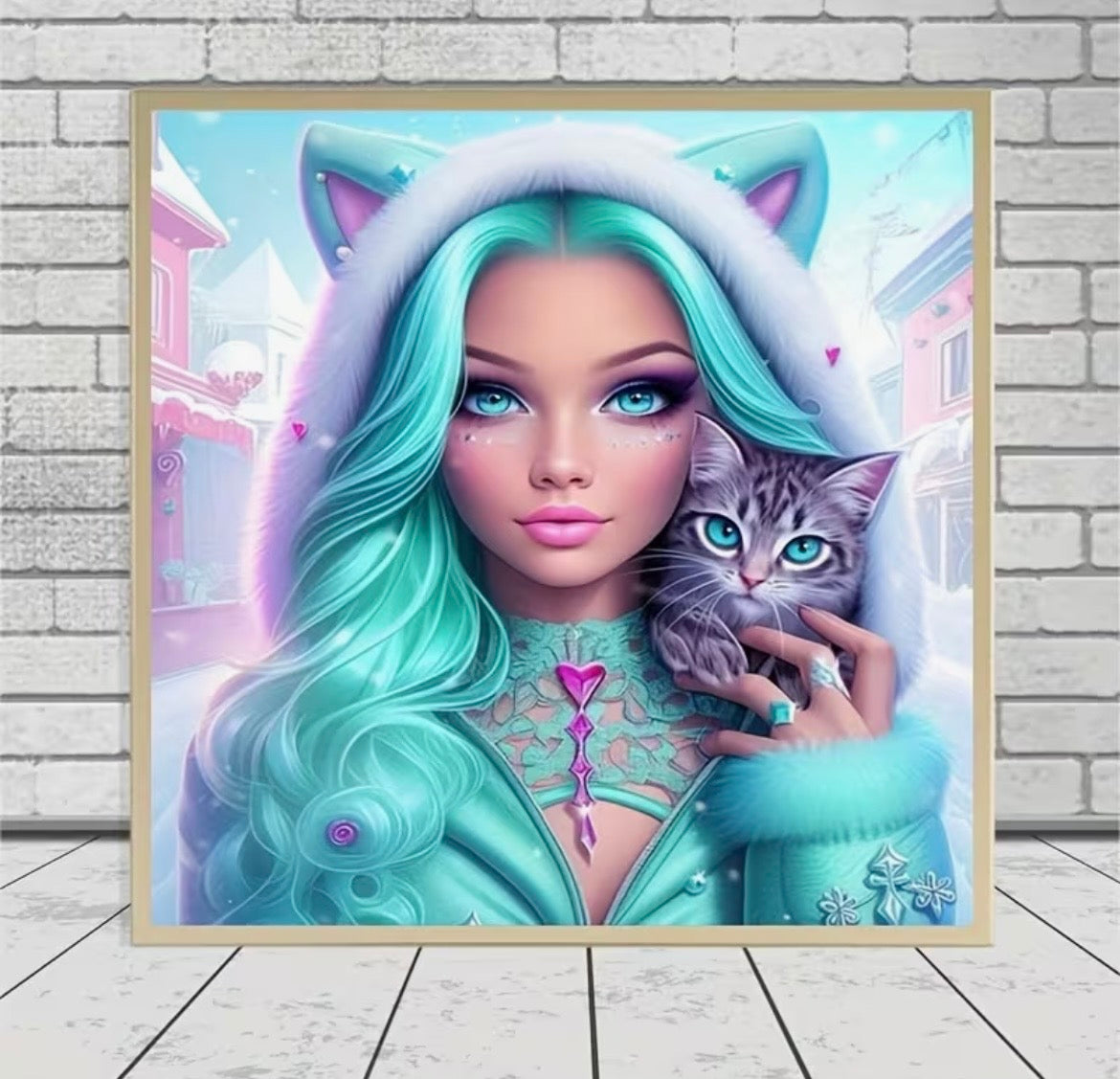 30x30cm Pretty Teal Fantasy Girl & Her Cat Diamond Art Painting Kit