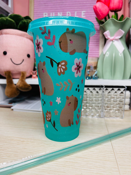 24oz Turquoise Glitter Capybara Cold Cup