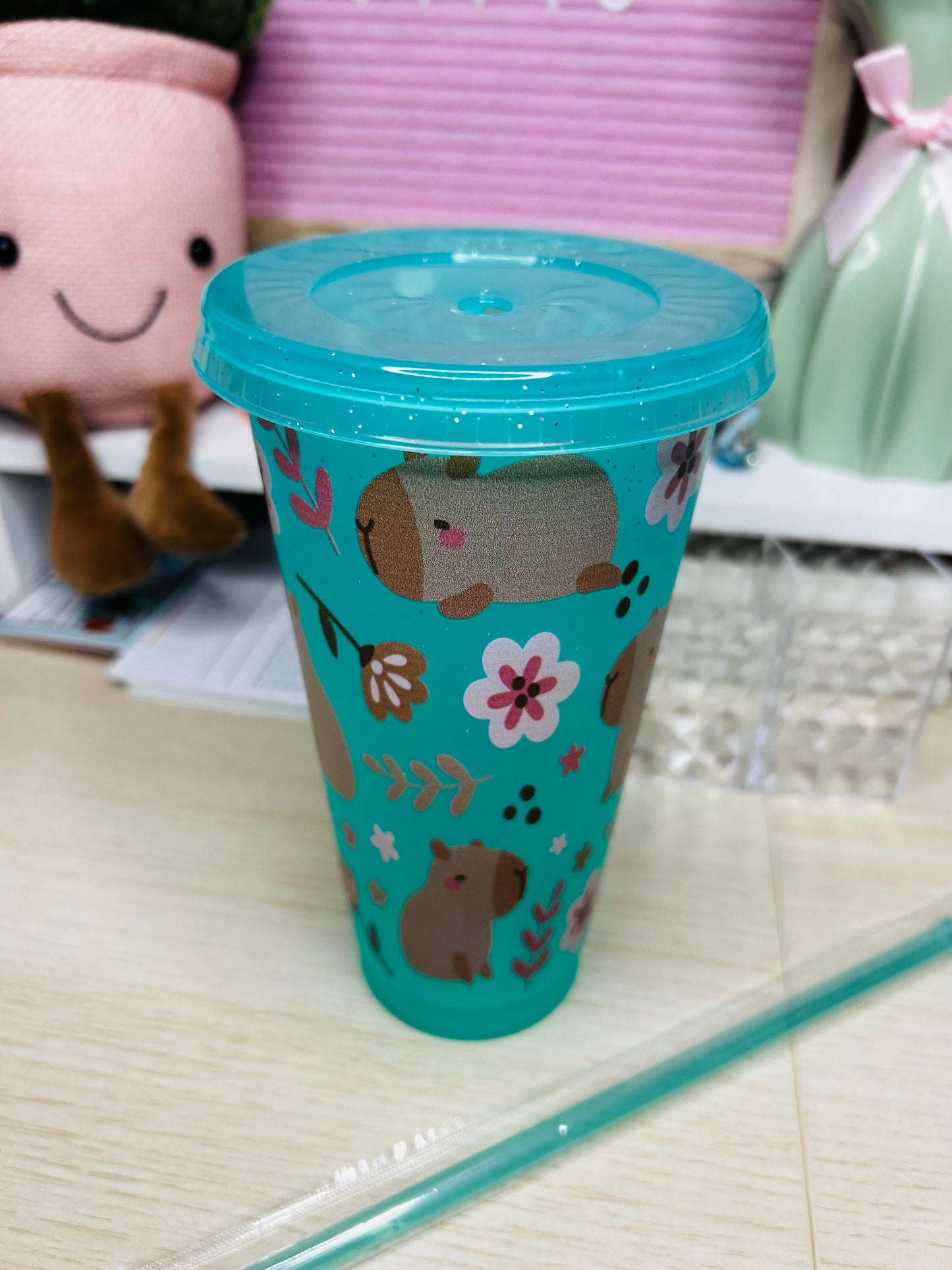 24oz Turquoise Glitter Capybara Cold Cup