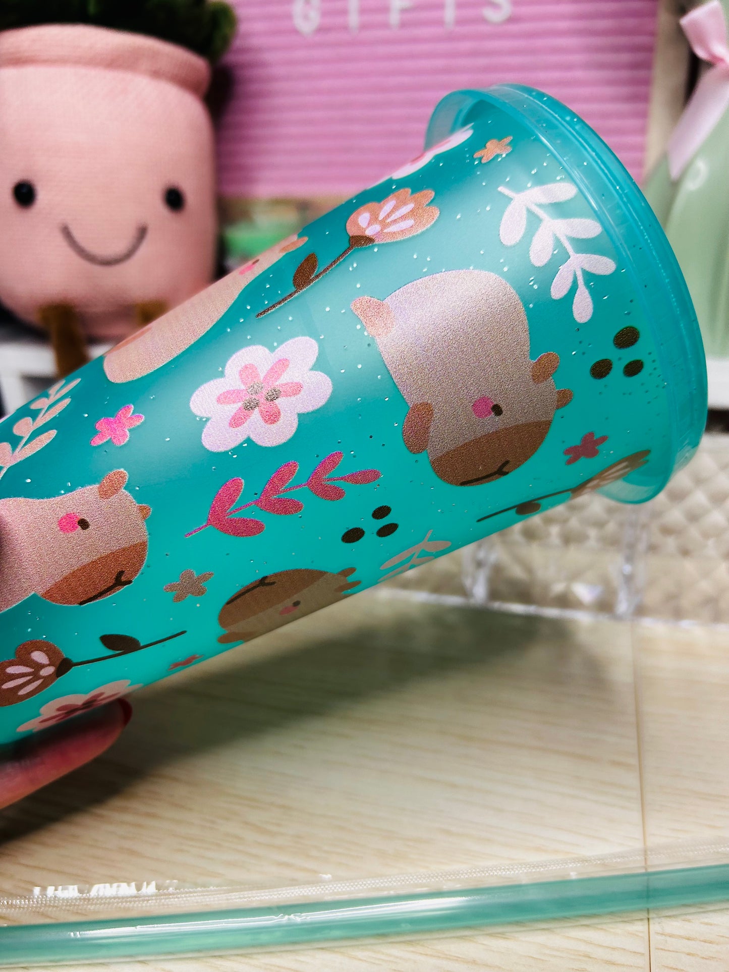 24oz Turquoise Glitter Capybara Cold Cup