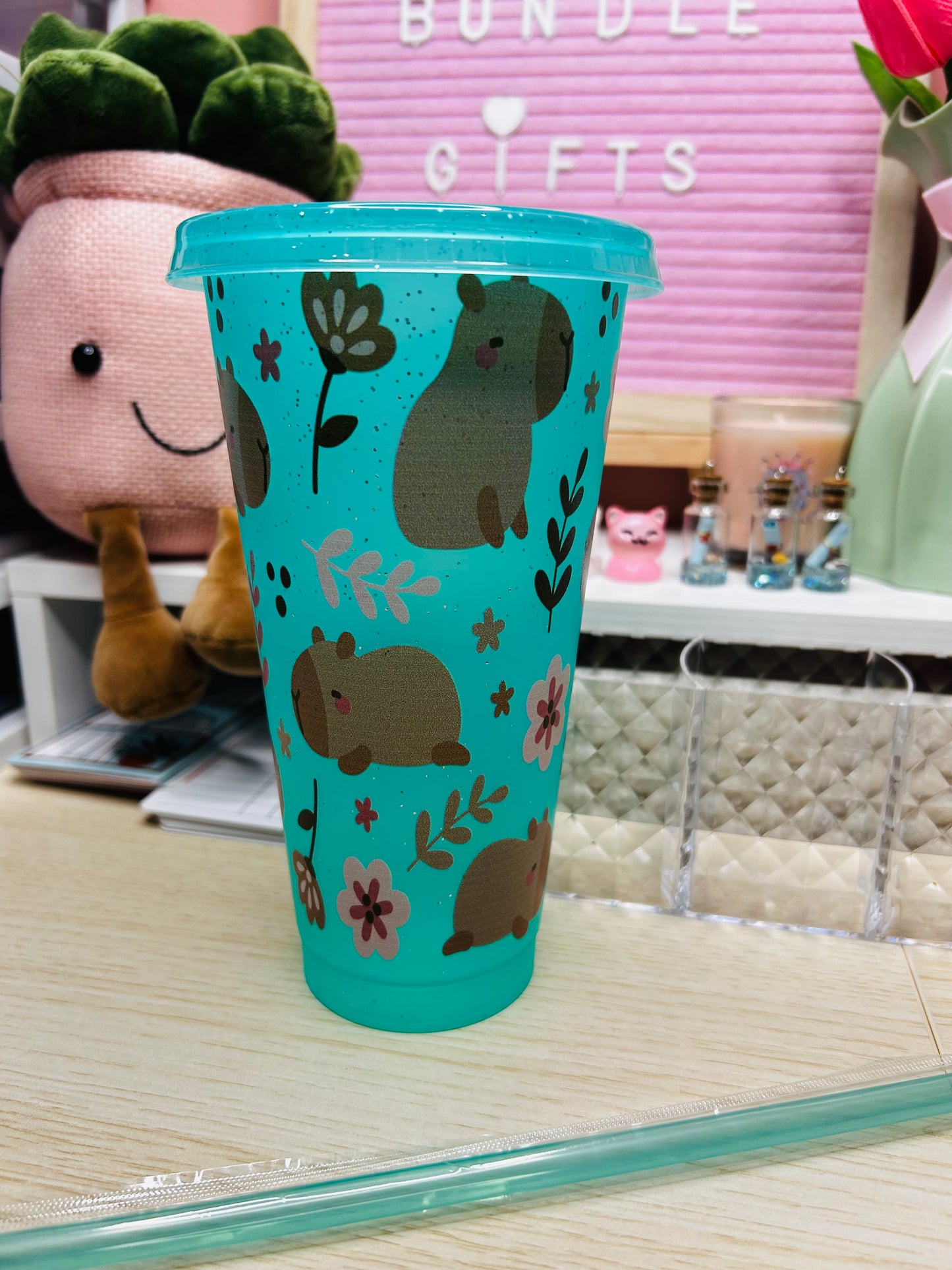 24oz Turquoise Glitter Capybara Cold Cup