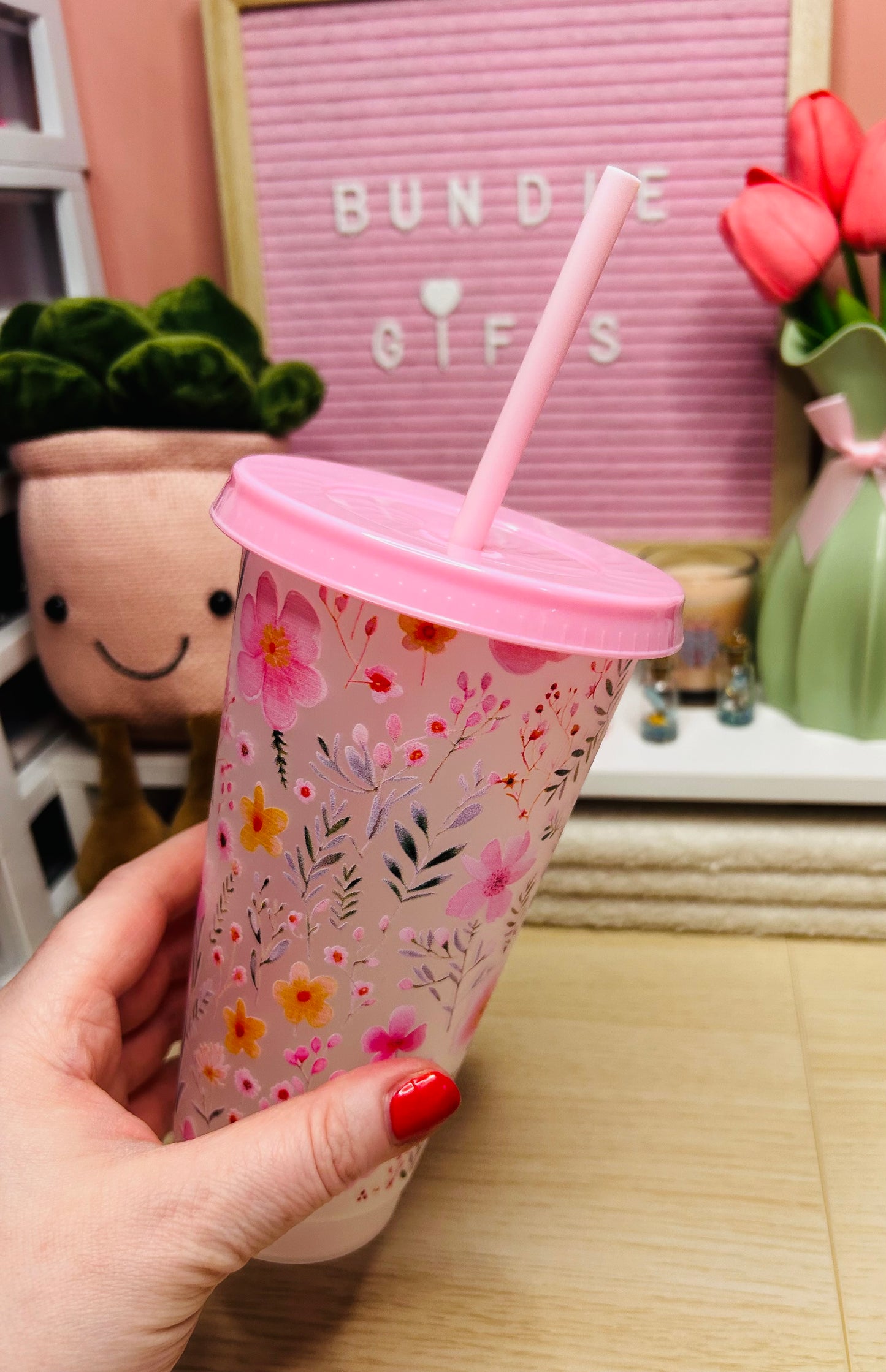 24oz Spring Vibes Pink Floral Cold Cup