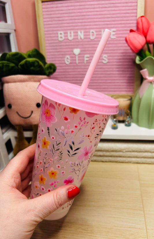 24oz Spring Vibes Pink Floral Cold Cup