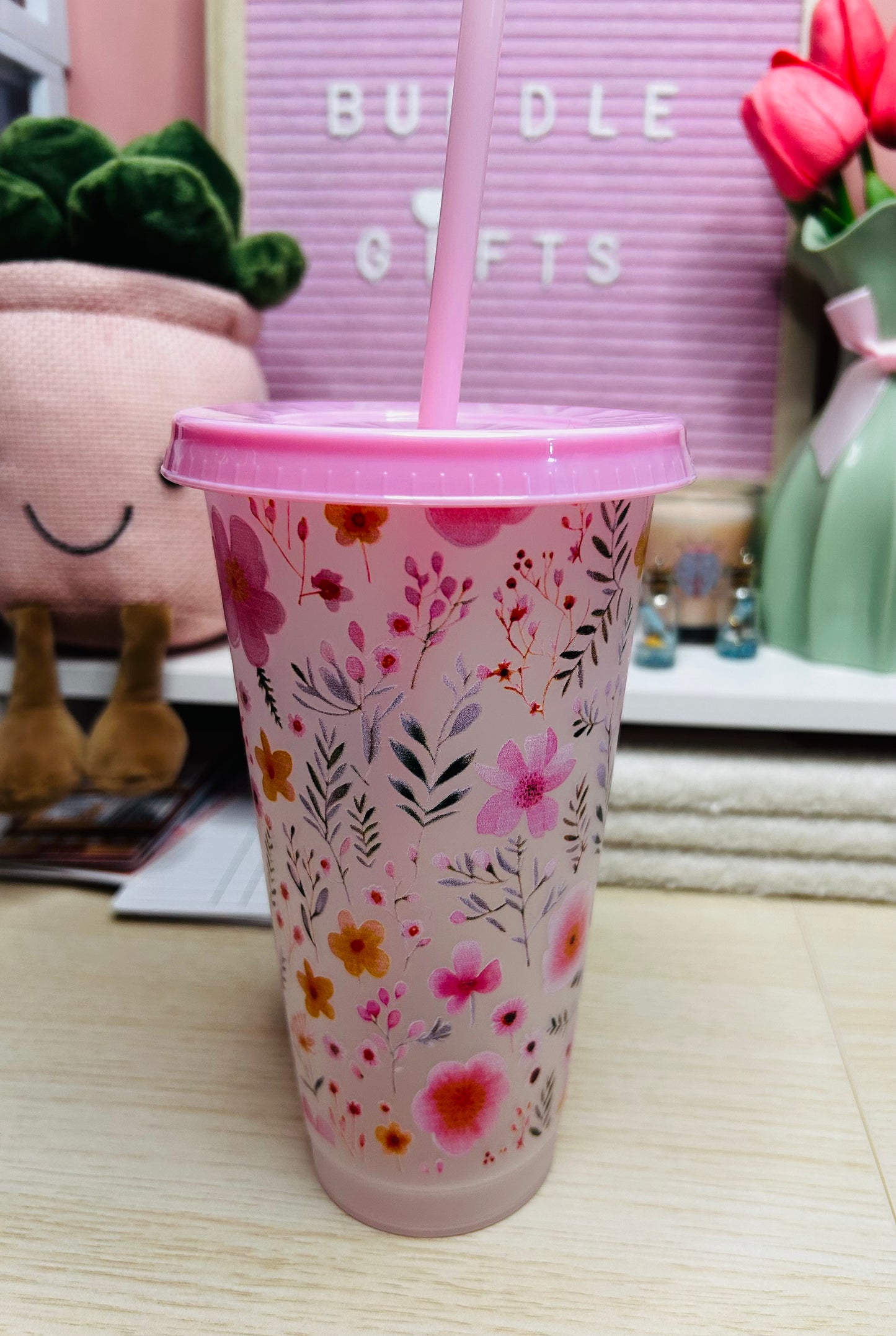 24oz Spring Vibes Pink Floral Cold Cup