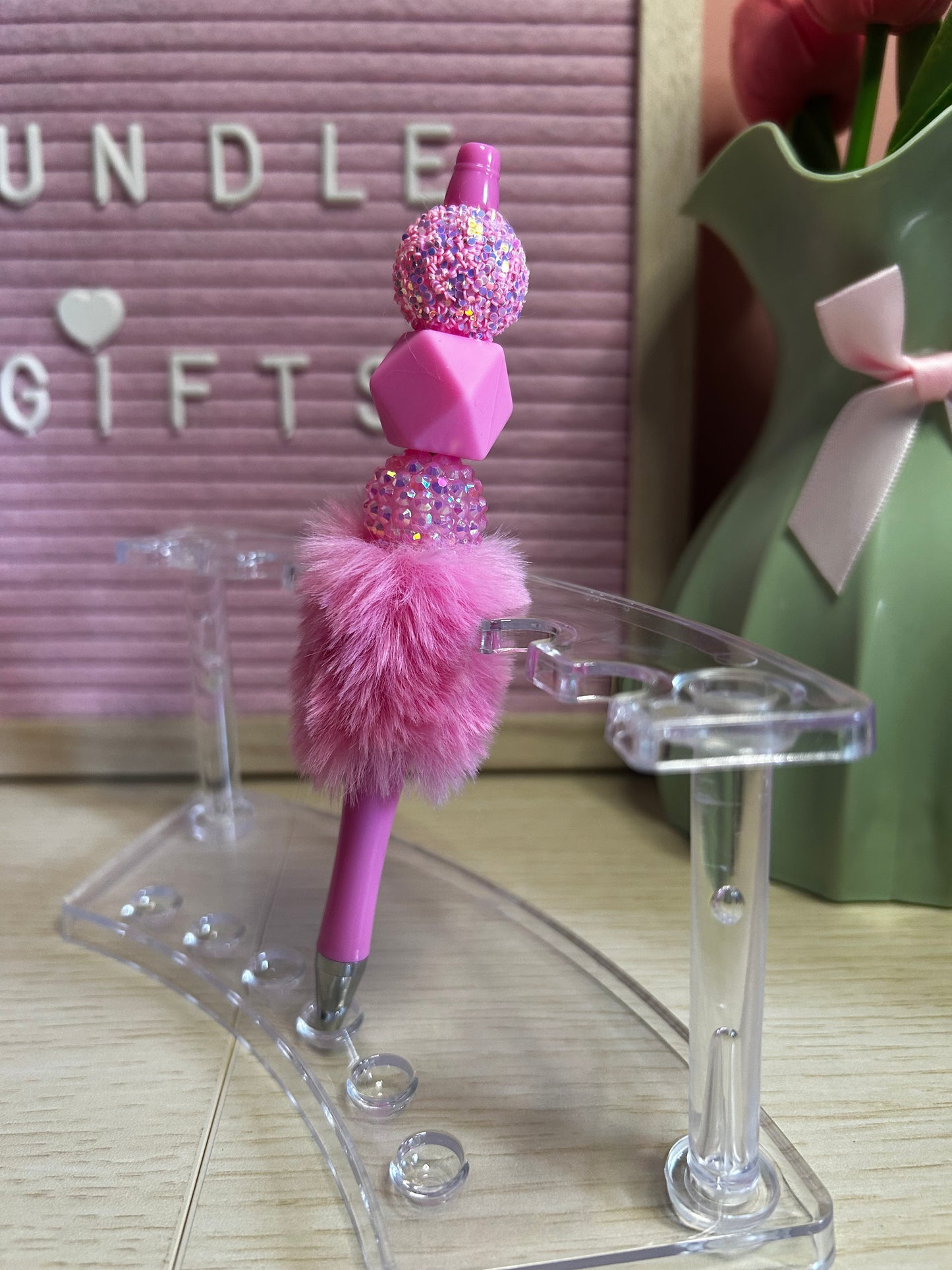 Handmade Pink Fluffy Sparkly Beaded Pen