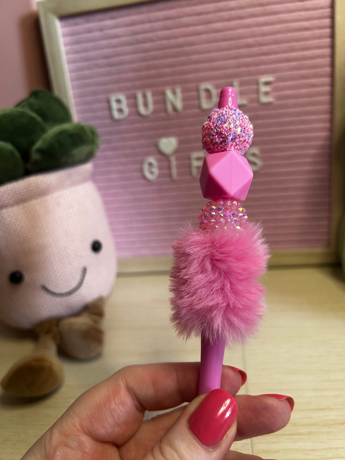 Handmade Pink Fluffy Sparkly Beaded Pen