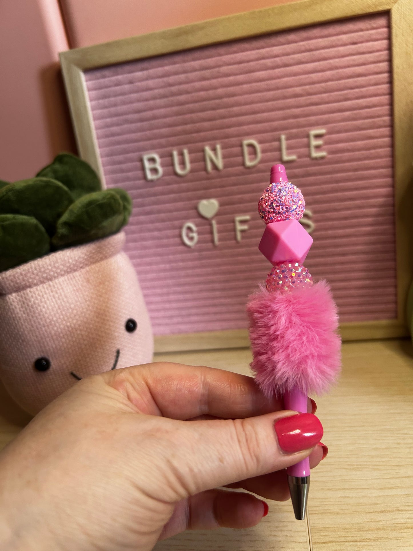 Handmade Pink Fluffy Sparkly Beaded Pen
