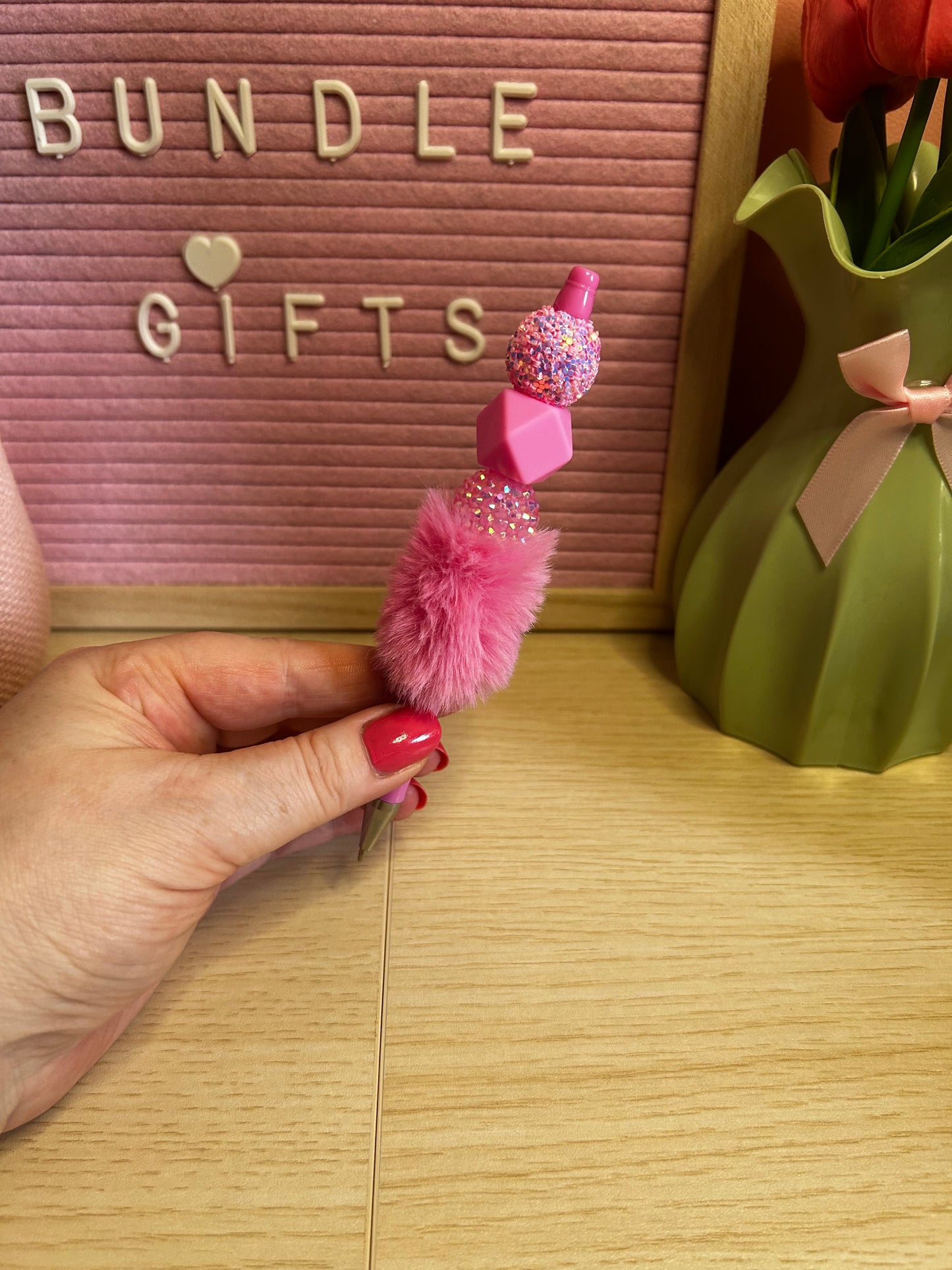 Handmade Pink Fluffy Sparkly Beaded Pen