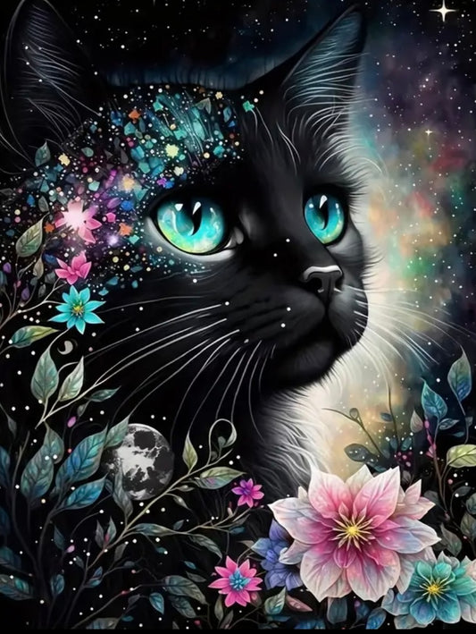 30x40cm Floral Black Cat Diamond Art Kit