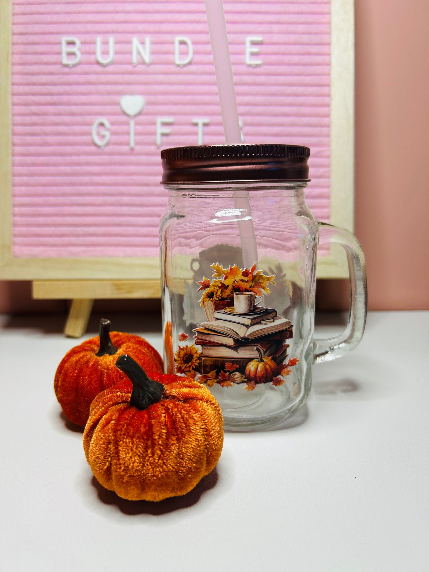 Handmade Autumn Themed Glass Mason Drinking Jar