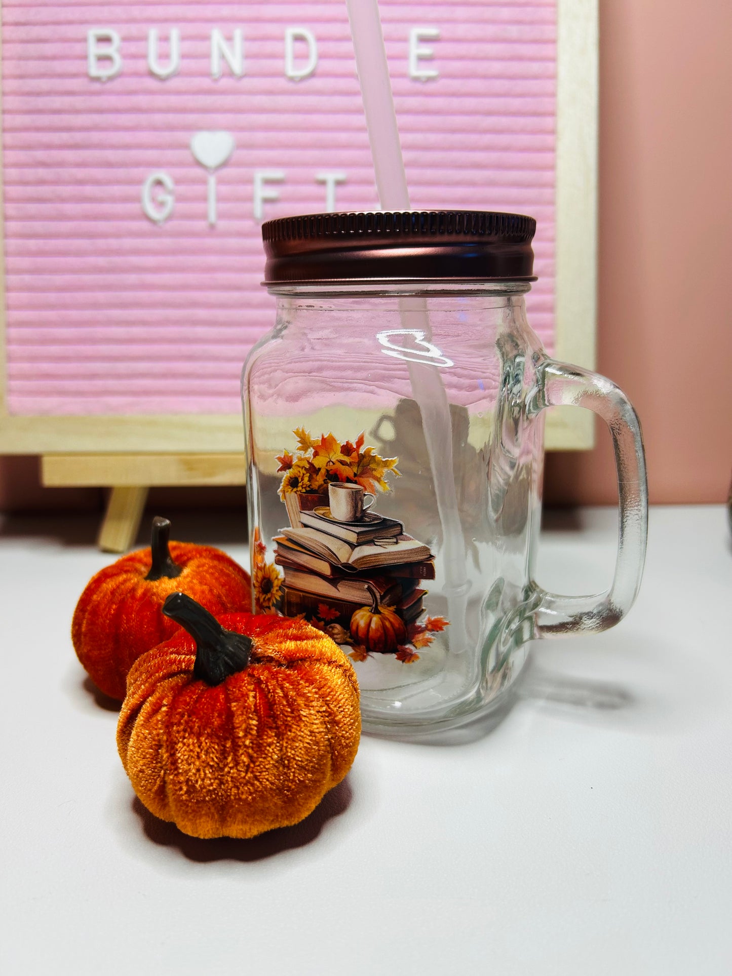 Handmade Autumn Themed Glass Mason Drinking Jar