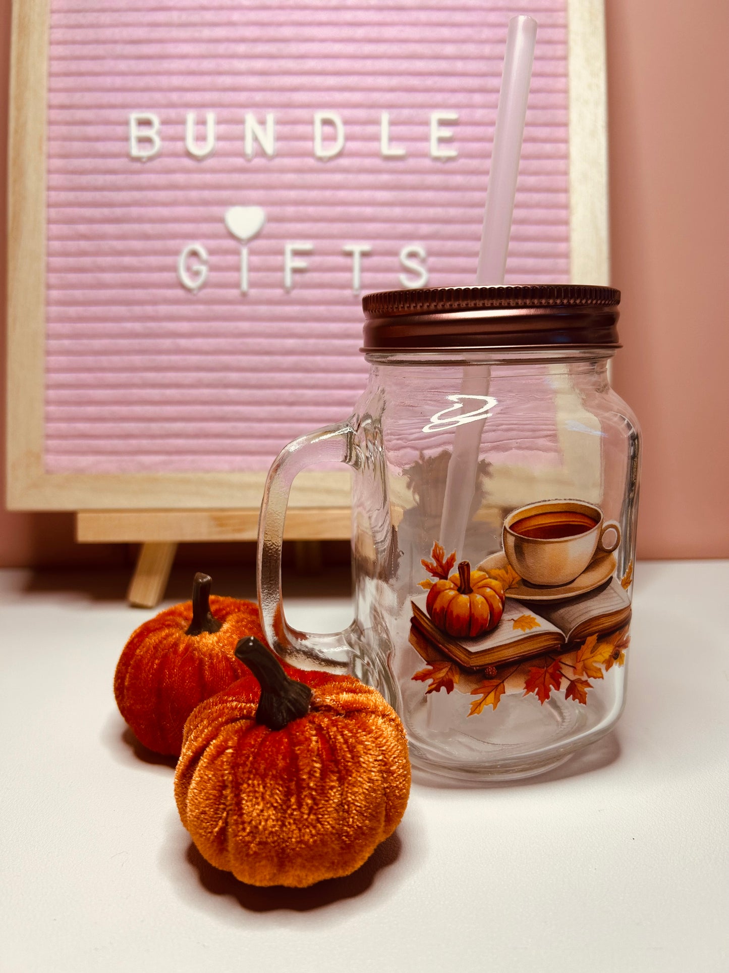 Handmade Autumn Themed Glass Mason Drinking Jar