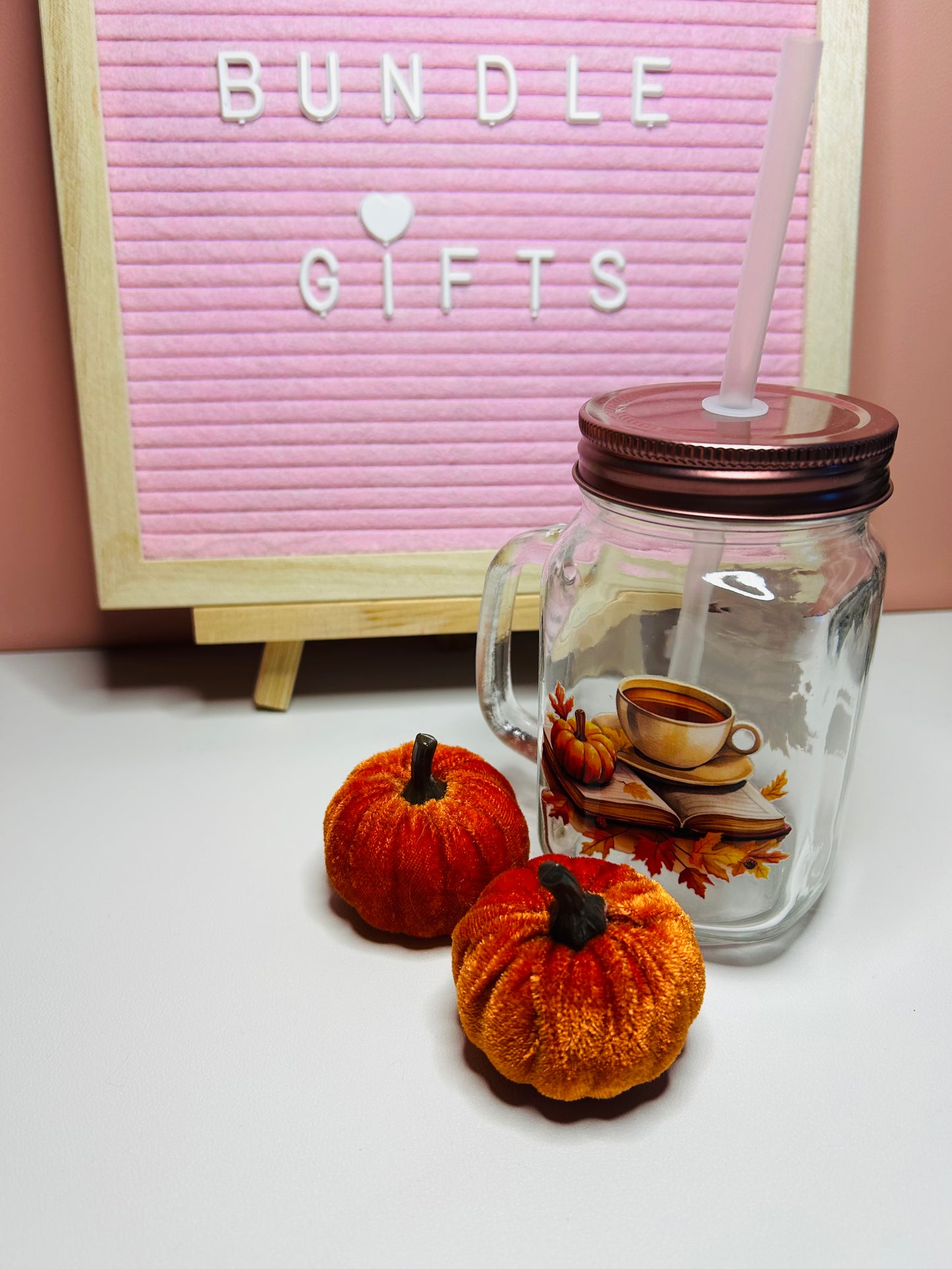Handmade Autumn Themed Glass Mason Drinking Jar