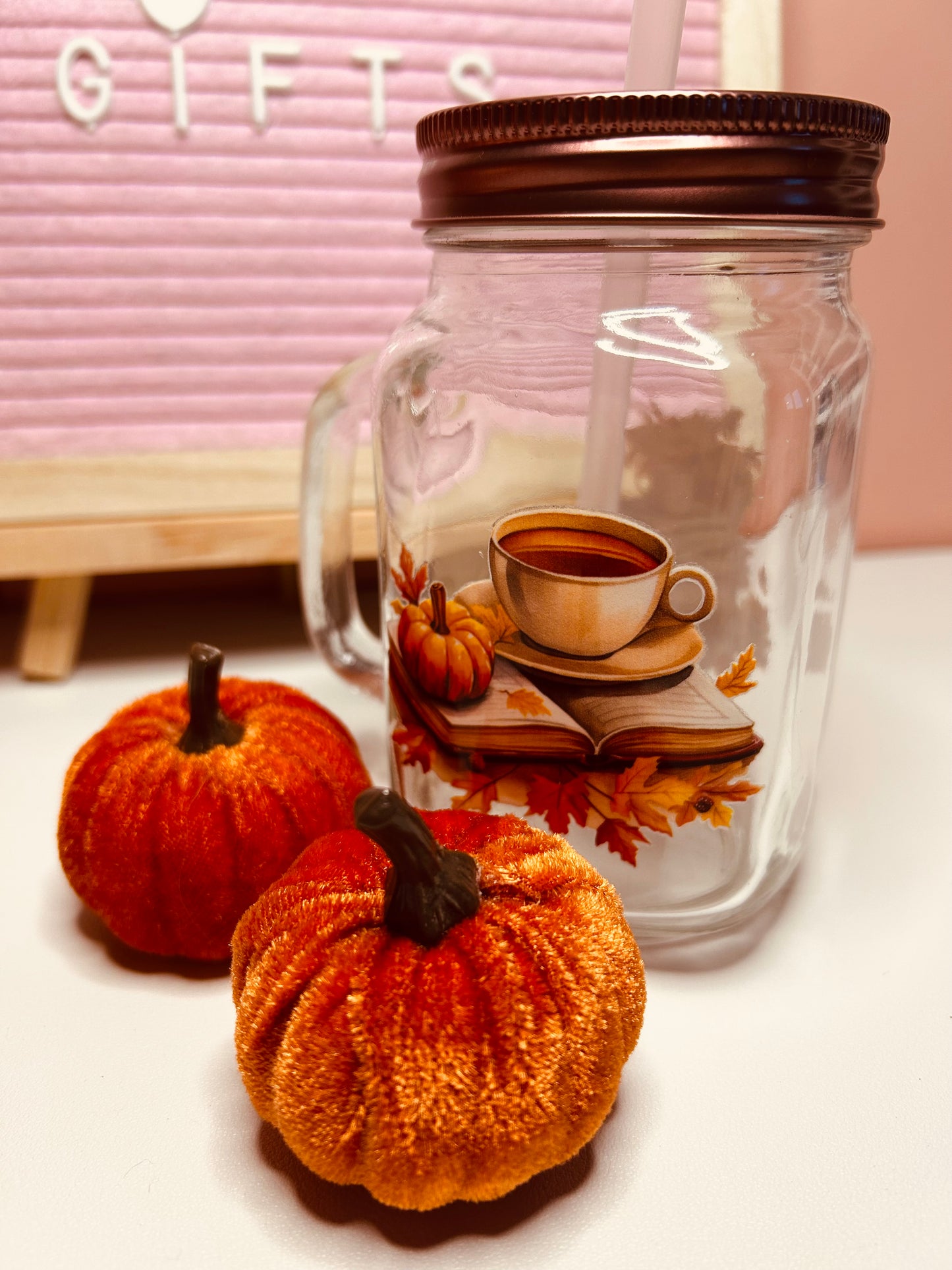 Handmade Autumn Themed Glass Mason Drinking Jar