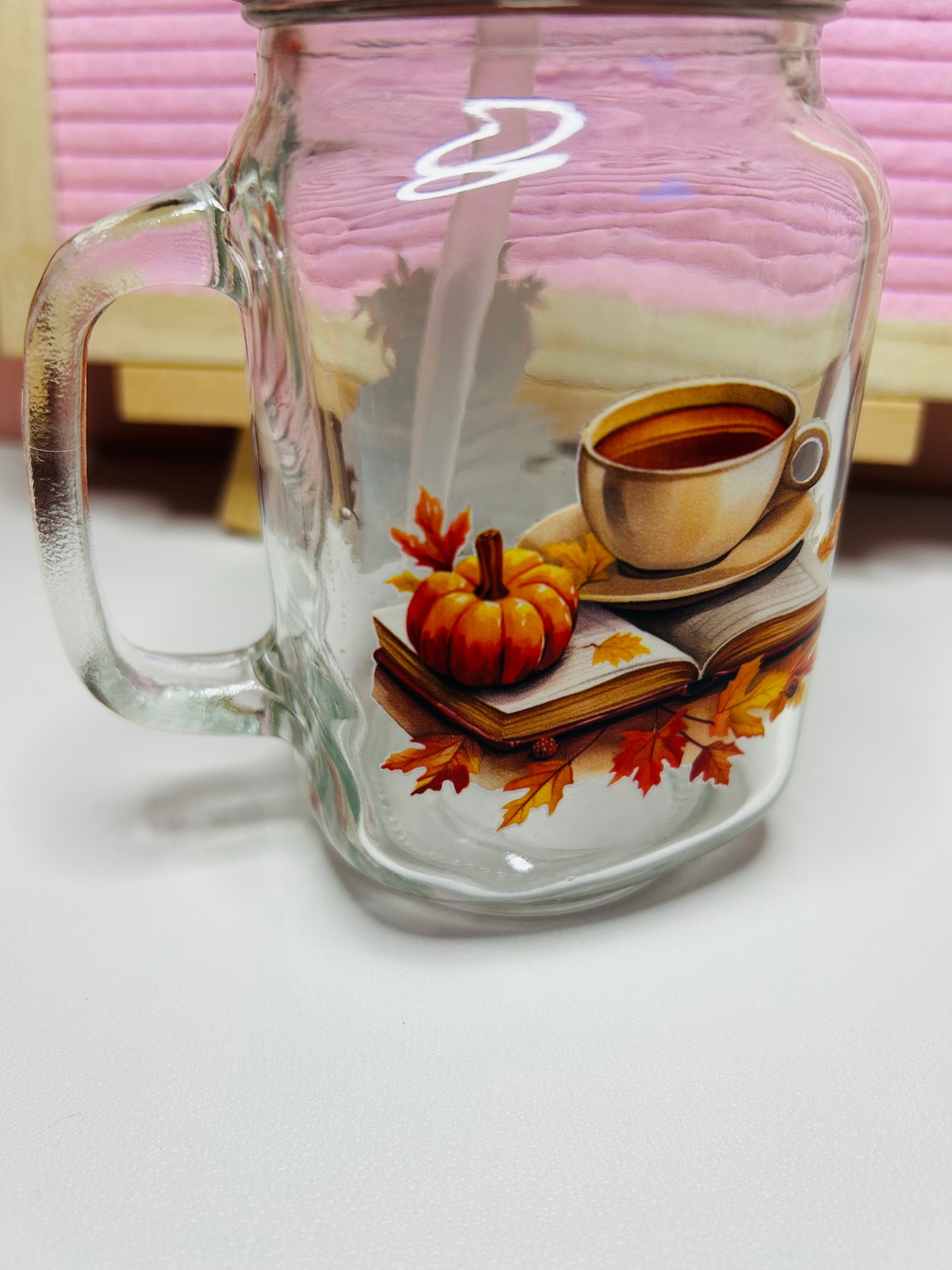 Handmade Autumn Themed Glass Mason Drinking Jar