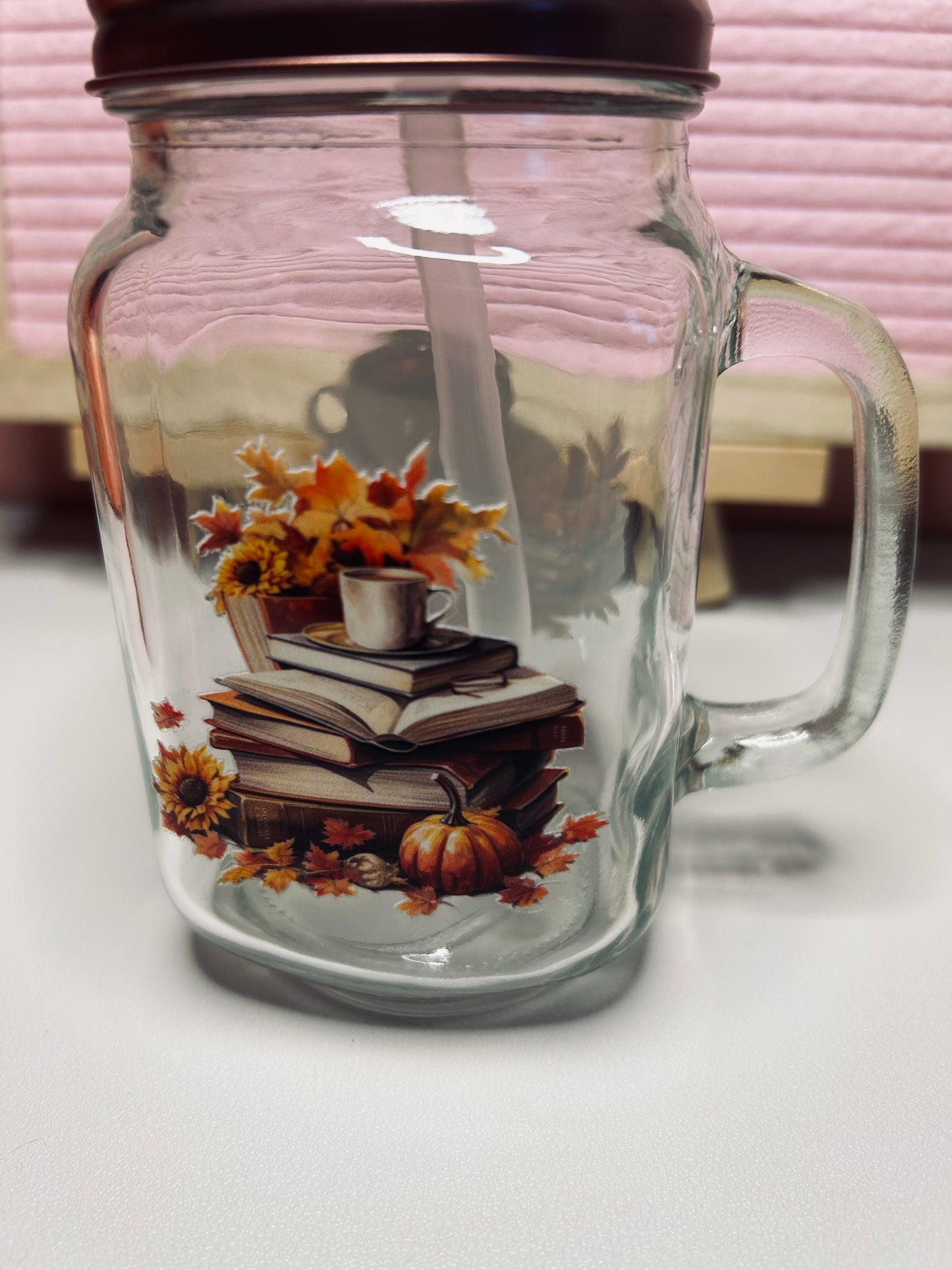 Handmade Autumn Themed Glass Mason Drinking Jar