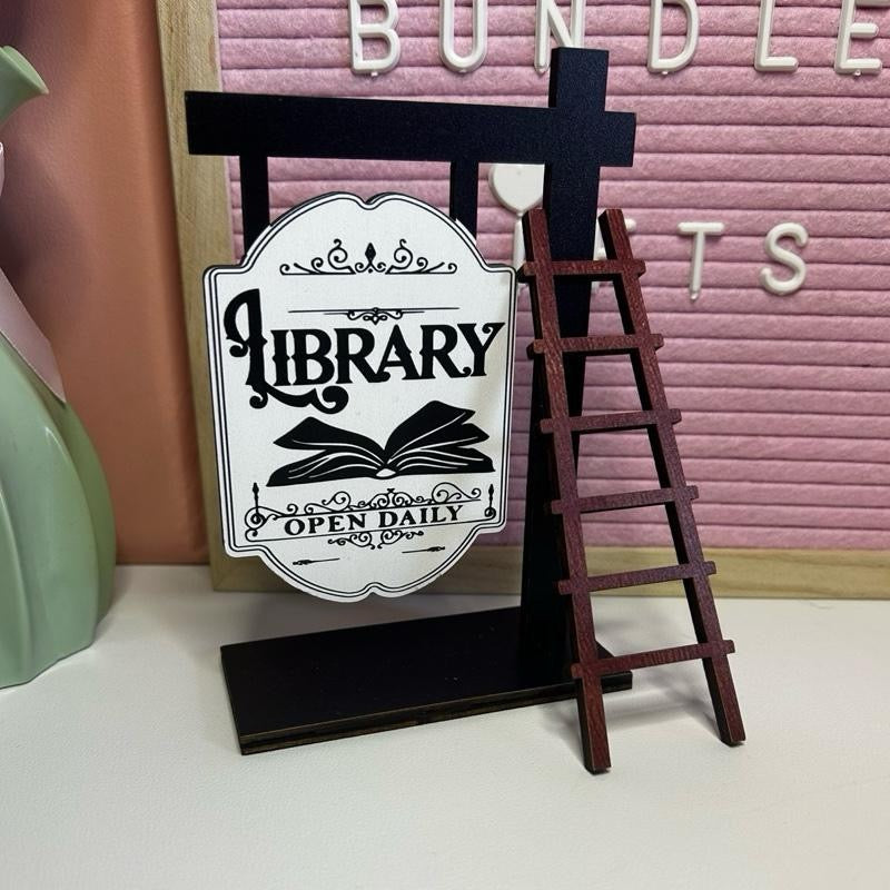 Bookshelf Vintage Wooden Library Sign