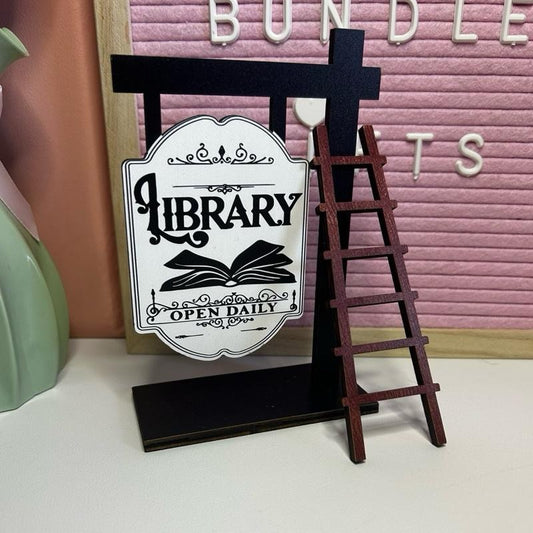 Bookshelf Vintage Wooden Library Sign