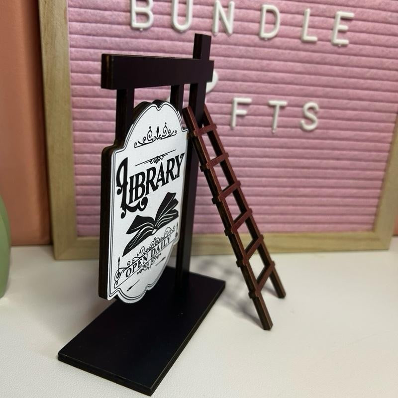 Bookshelf Vintage Wooden Library Sign